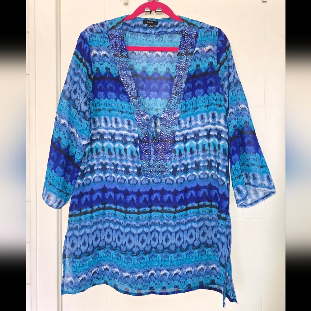 RAVIYA Glass Bead Embellished Semi Sheer Lightweight Patterned Tunic Top Sz L
